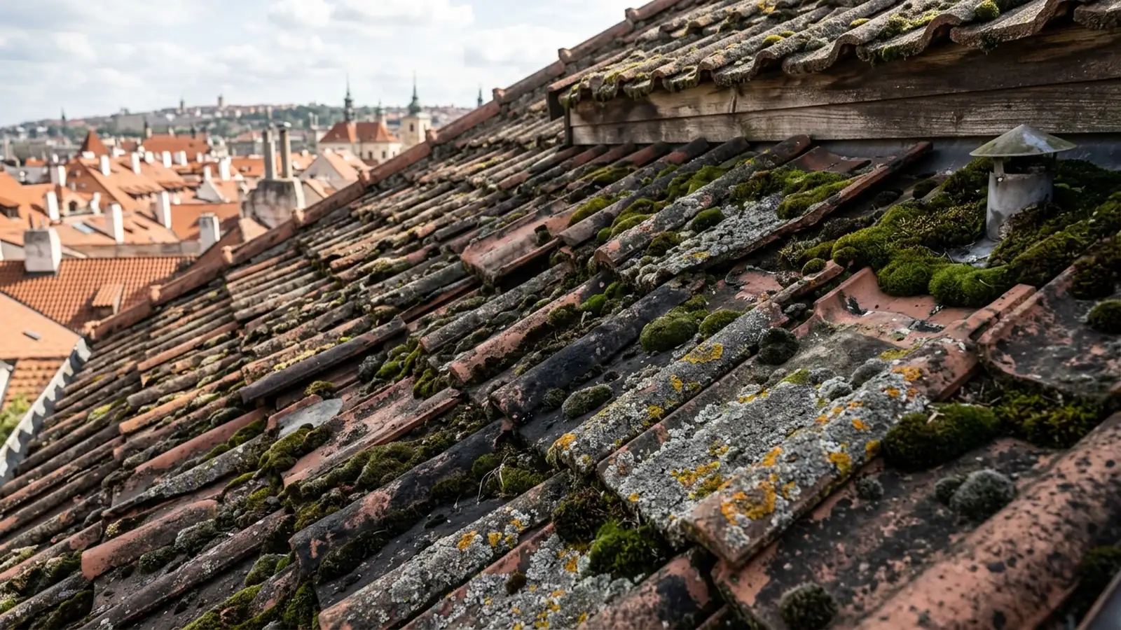 Střešní krytina před čištěním: silné polštáře mechu, lišejníky, ucpané vodní drážky a městské saze